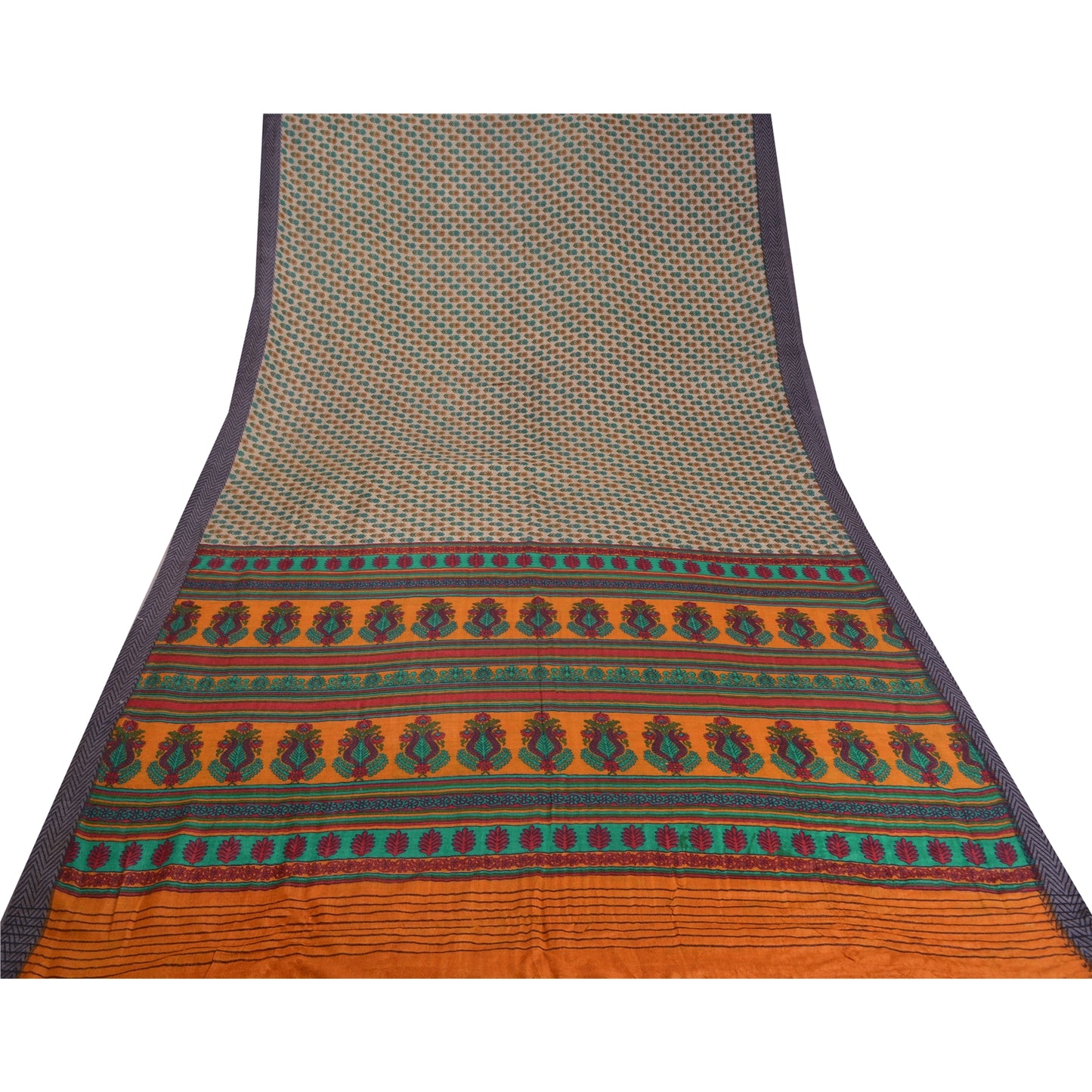 Sanskriti Vintage Orange/Ivory Sarees Pure Woolen Printed & Woven Sari /Sustainable Fabric