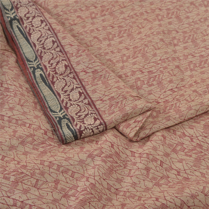 Sanskriti Vintage Sanskriti Vintage Sari 100% Pure Woolen Sarees Cream Printed Woven 5yd Craft Fabric