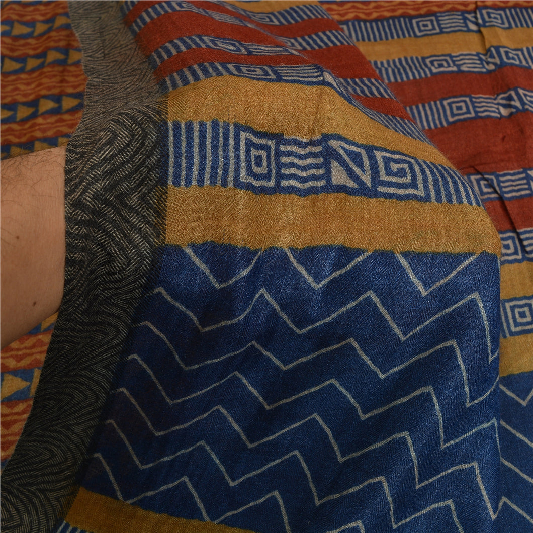 Sanskriti Vintage Blue Heavy Indian Sarees 100% Pure Woolen Fabric Printed Sari
