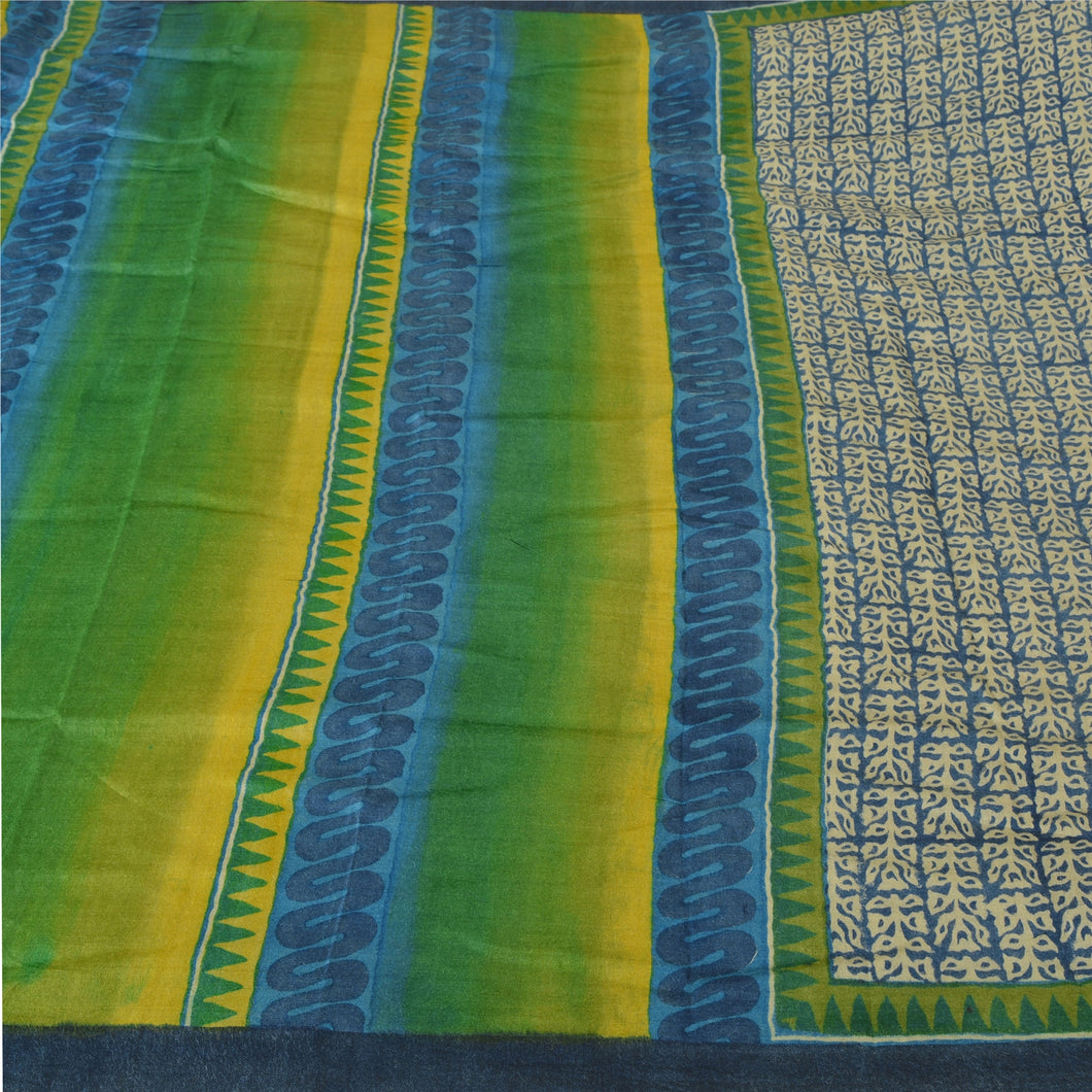 Sanskriti Vintage Blue Heavy Indian Sarees Pure Woolen Fabric Printed 5 YD Sari