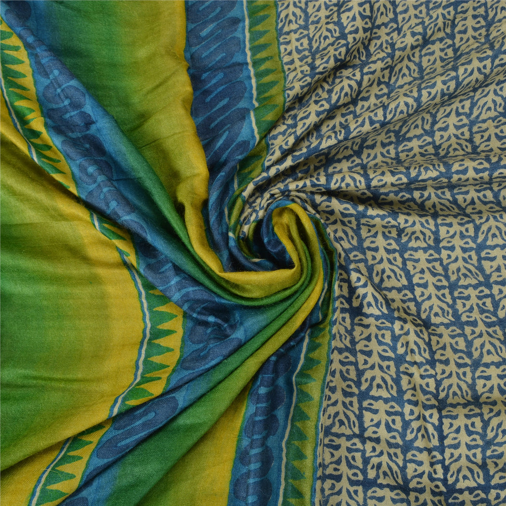 Sanskriti Vintage Sari 100% Pure Woolen Blue Heavy Indian Saree Printed 5 Yd Fabric