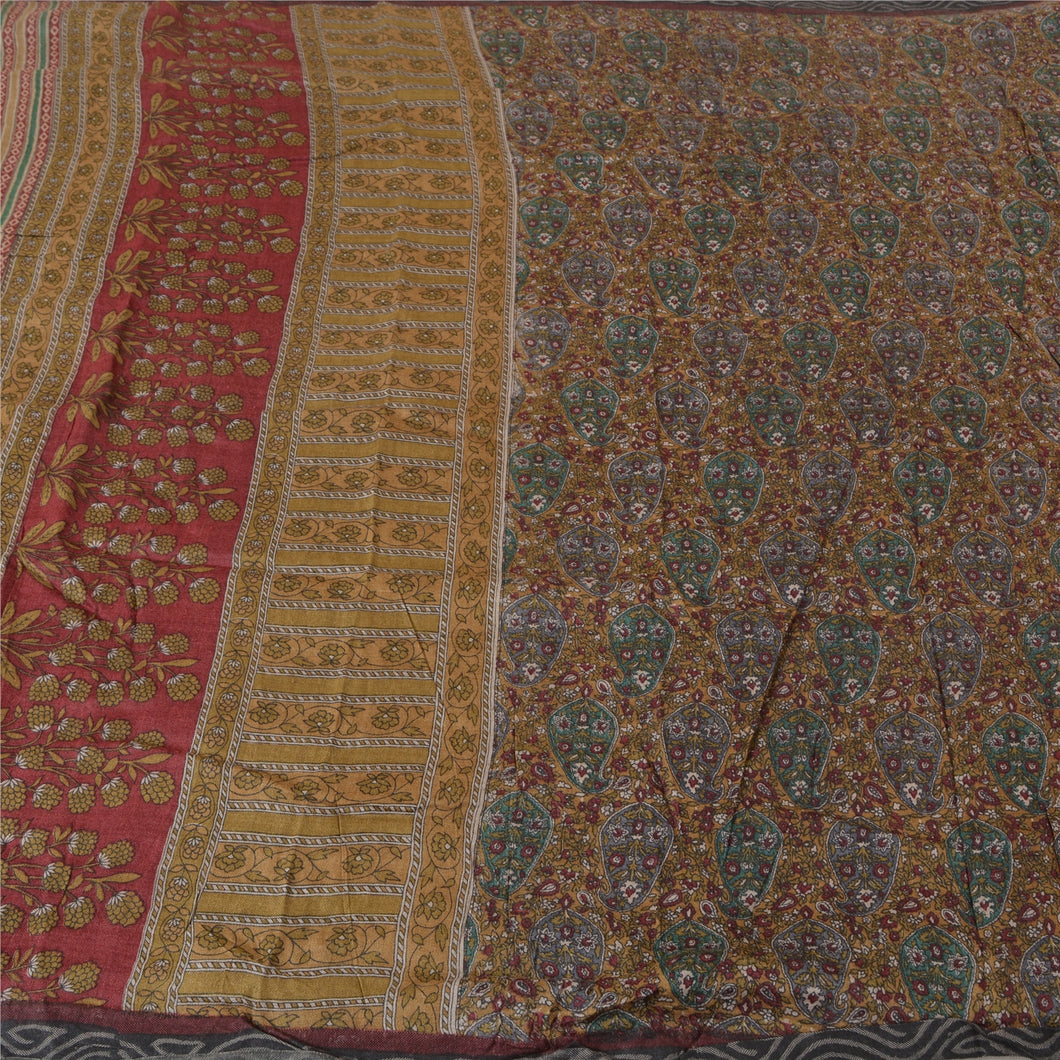 Sanskriti Vintage Brown Heavy Indian Sarees Woolen Fabric Printed 5 Yard Sari
