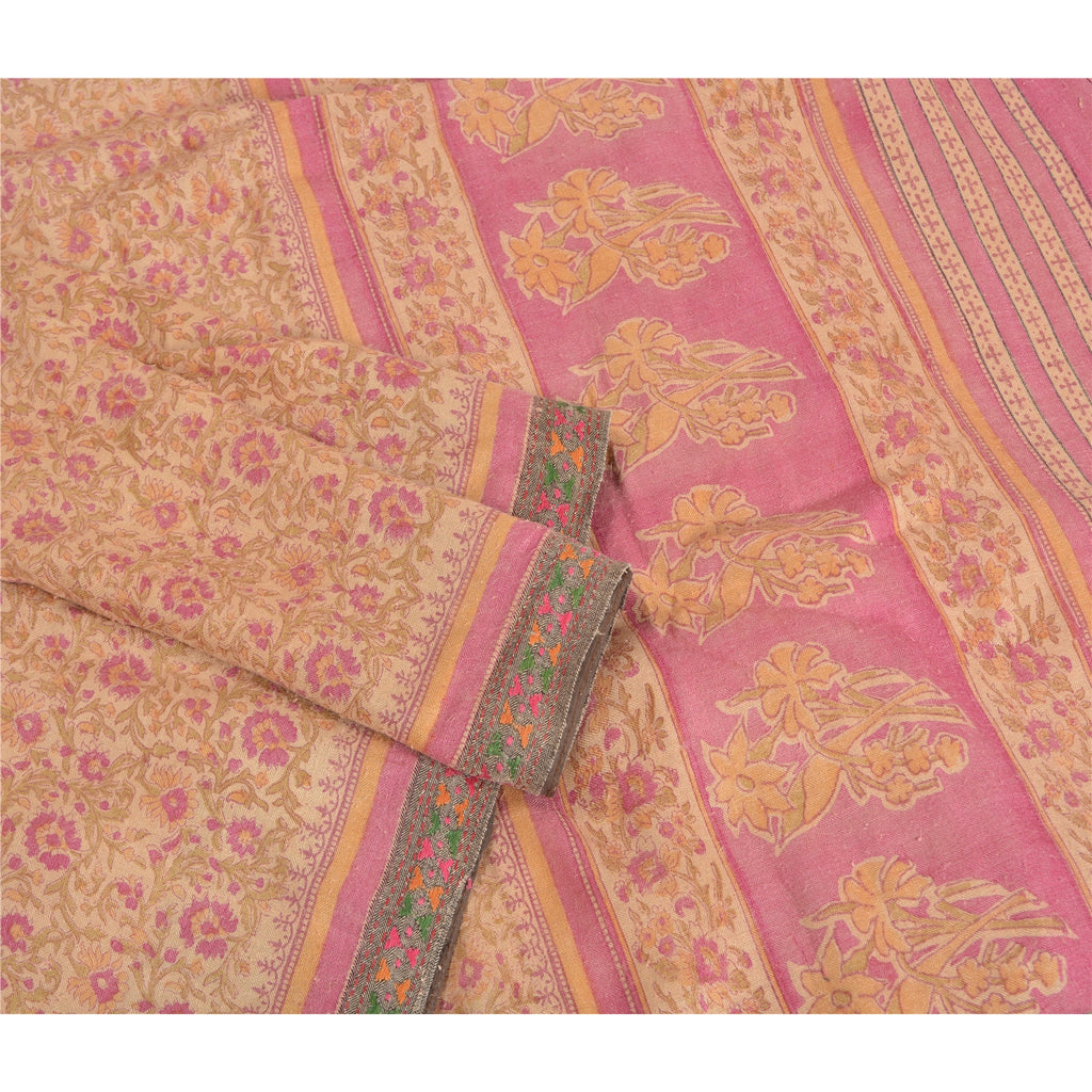 Sanskriti Vintage Sari 100% Pure Woolen Pink/Cream Indian Printed Indian Saree 6yd Craft Fabric