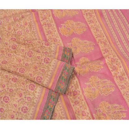Sanskriti Vintage Pink Heavy Indian Sarees Pure Woolen Sustainable Fabric Printed 5 YD Sari