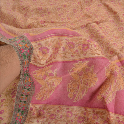 Sanskriti Vintage Pink Heavy Indian Sarees Pure Woolen Sustainable Fabric Printed 5 YD Sari