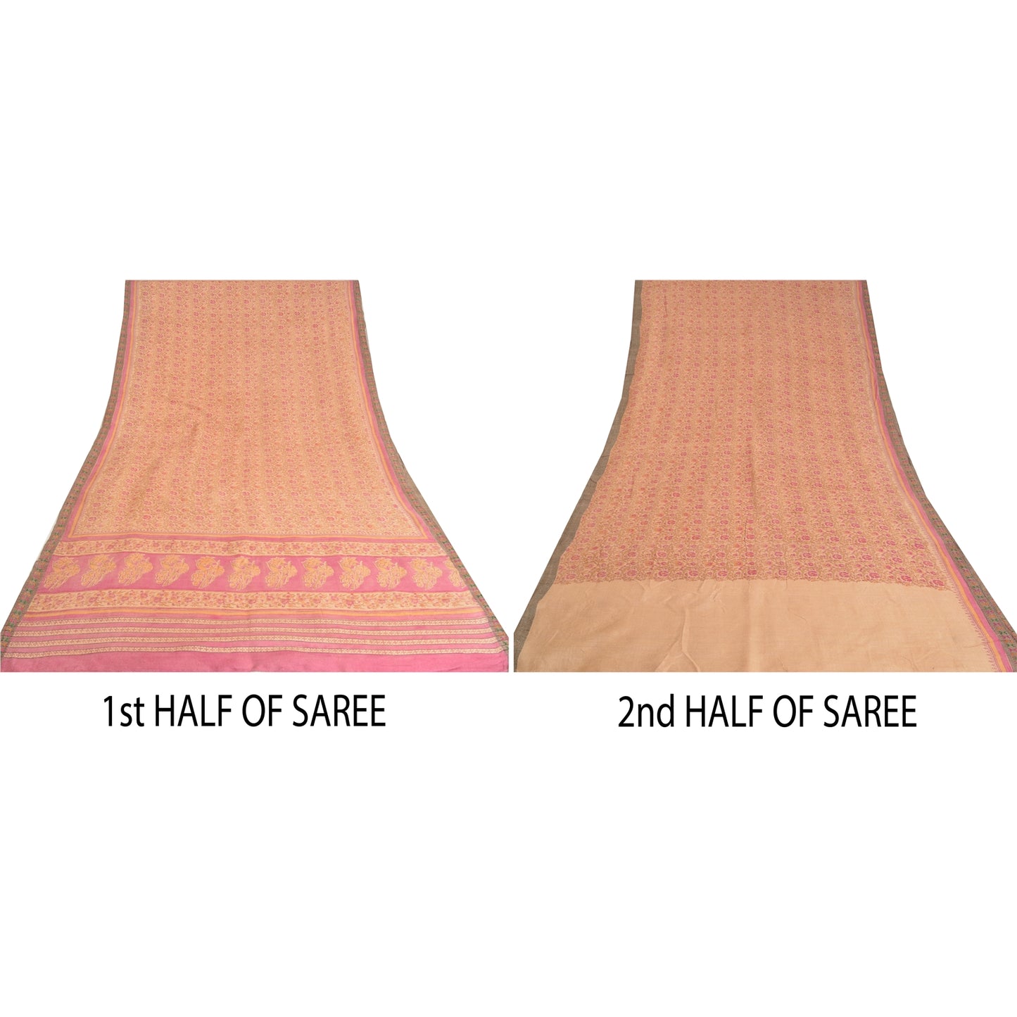 Sanskriti Vintage Pink Heavy Indian Sarees Pure Woolen Sustainable Fabric Printed 5 YD Sari