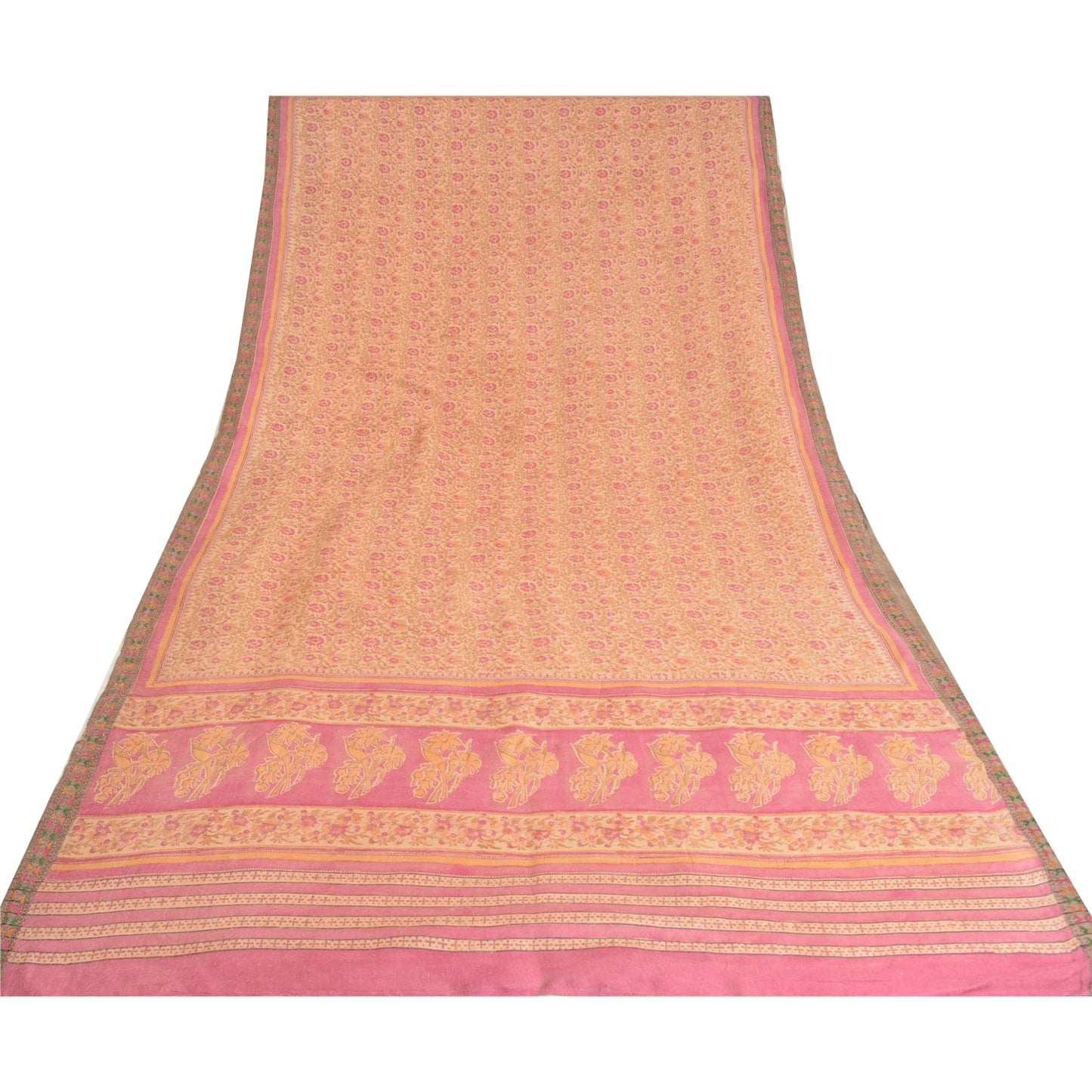 Sanskriti Vintage Pink Heavy Indian Sarees Pure Woolen Sustainable Fabric Printed 5 YD Sari
