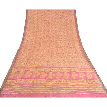 Sanskriti Vintage Pink Heavy Indian Sarees Pure Woolen Sustainable Fabric Printed 5 YD Sari