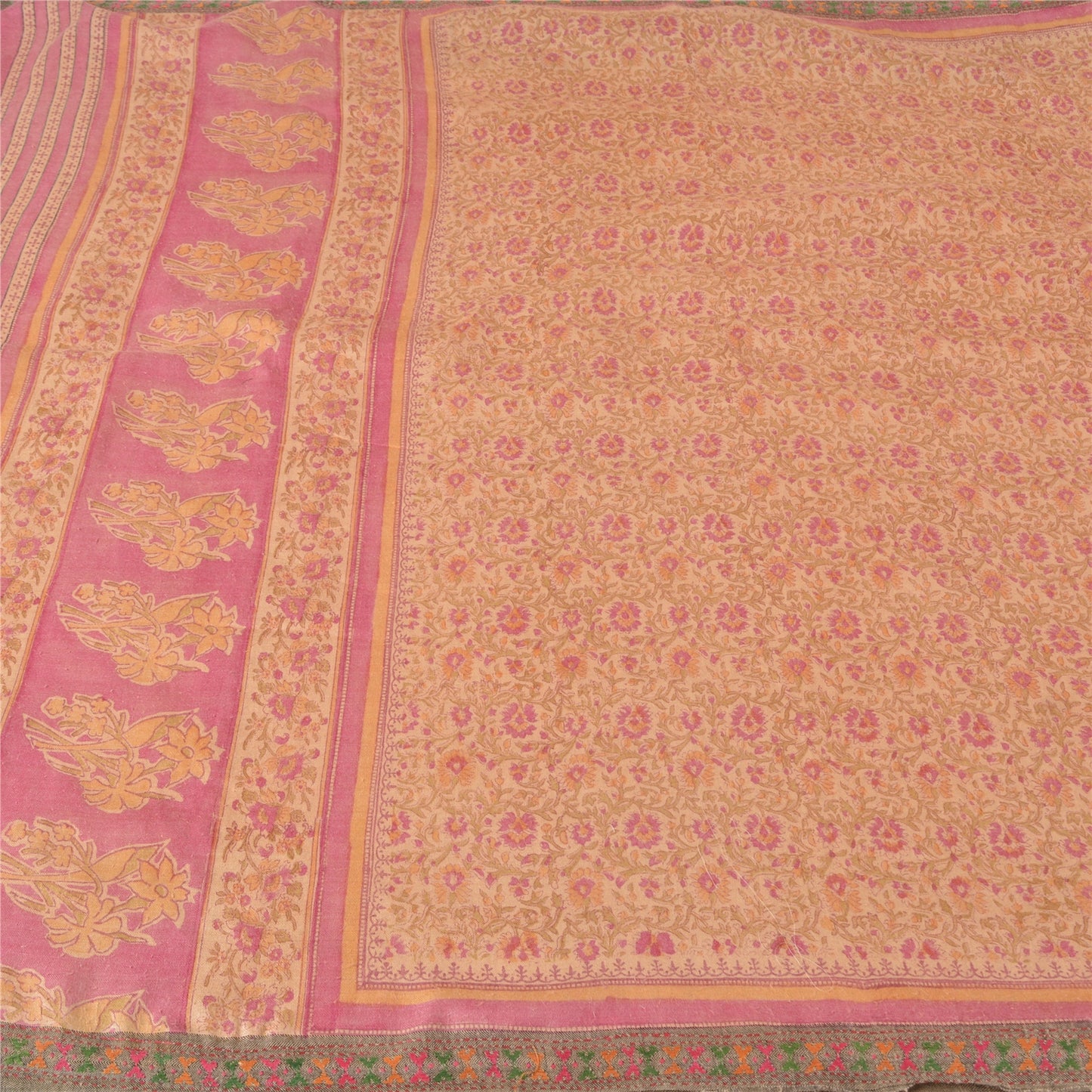 Sanskriti Vintage Pink Heavy Indian Sarees Pure Woolen Sustainable Fabric Printed 5 YD Sari