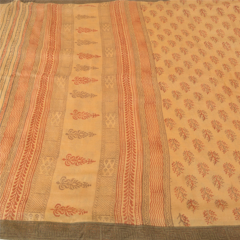 Sanskriti Vintage Cream Heavy Sarees 100% Pure Woolen Sustainable Fabric Block Printed Sari