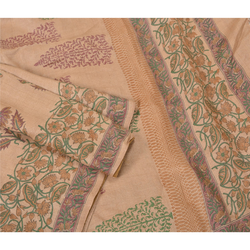 Sanskriti Vintage Sari 100% Pure Woolen Peach 5yd Craft Fabric Block Printed Sarees