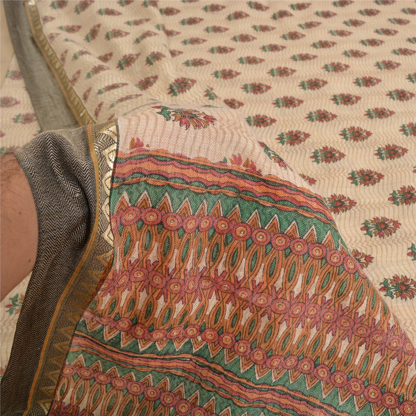 Sanskriti Vintage Sari 100% Pure Woolen Ivory/Pink Printed Floral Sarees 5yd Craft Fabric