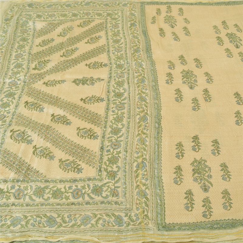 Sanskriti Vintage Ivory Heavy Indian Sarees 100% Pure Woolen Sustainable Fabric Printed Sari