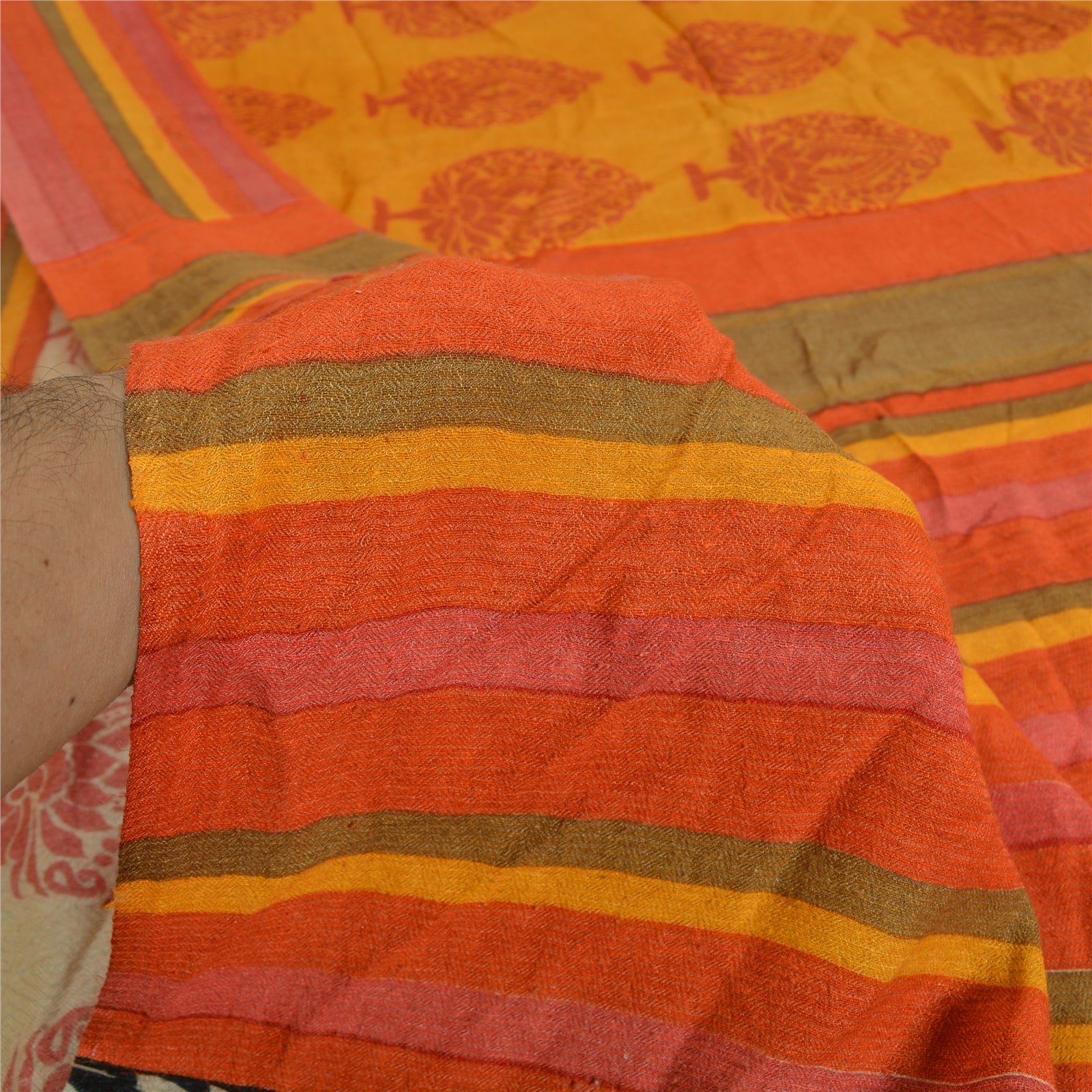 Sanskriti Vintage Sari 100% Pure Woolen Yellow/Orange Indian Printed Sarees 6yd Craft Fabric