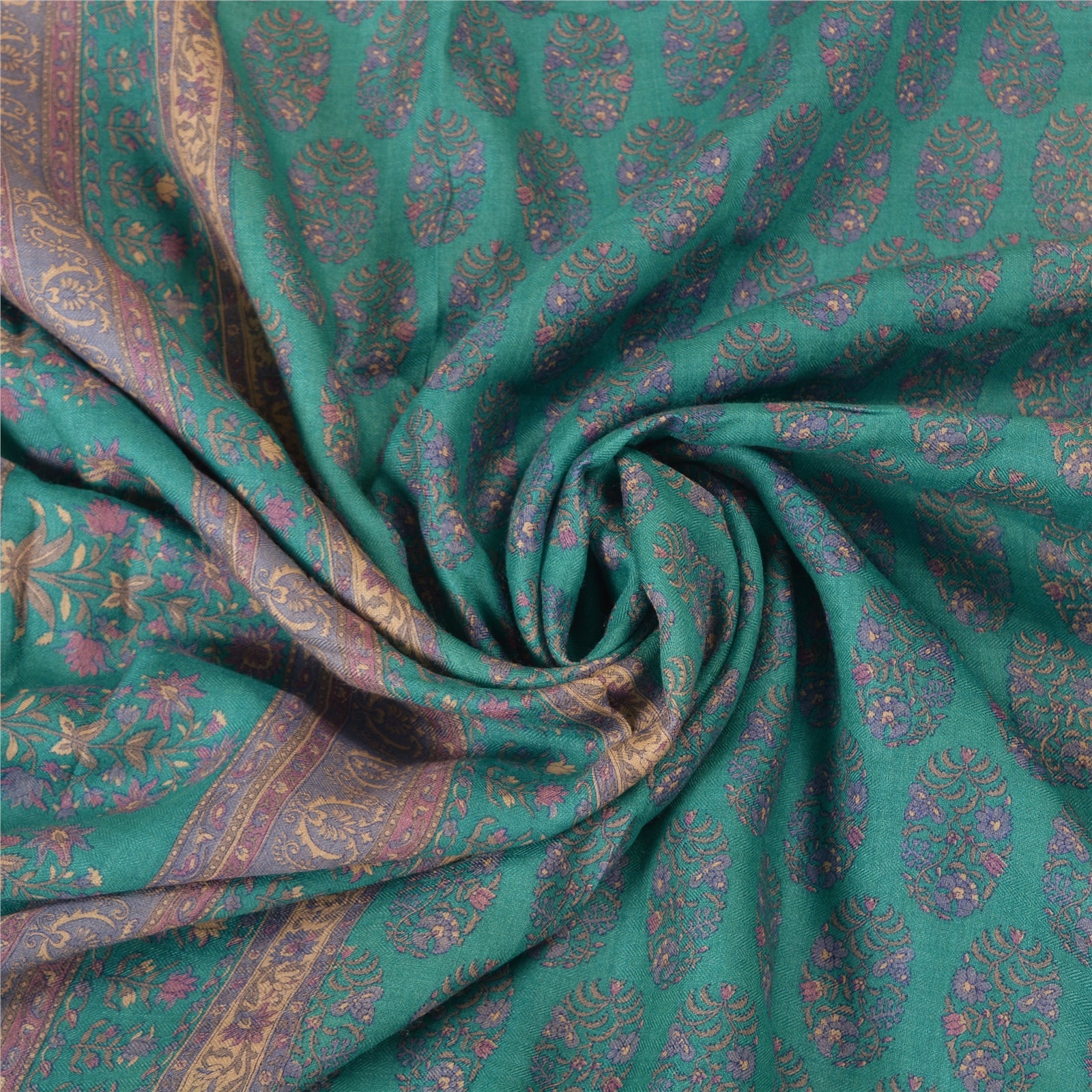 Sanskriti Vintage Green/Blue Sarees Pure Woolen Sustainable Fabric Printed Woven Soft Sari