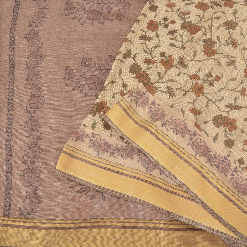 Sanskriti Vintage Ivory/Peach Sarees 100% Pure Woolen Sustainable Fabric Printed Woven Sari
