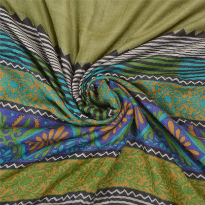 Sanskriti Vintage Blue/Green Sarees 100% Pure Woolen Sustainable Fabric Printed Woven Sari