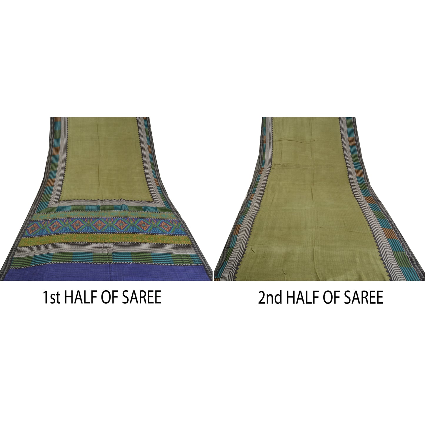 Sanskriti Vintage Blue/Green Sarees 100% Pure Woolen Sustainable Fabric Printed Woven Sari