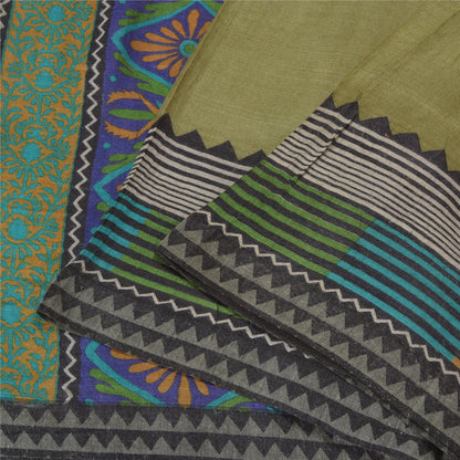 Sanskriti Vintage Blue/Green Sarees 100% Pure Woolen Sustainable Fabric Printed Woven Sari