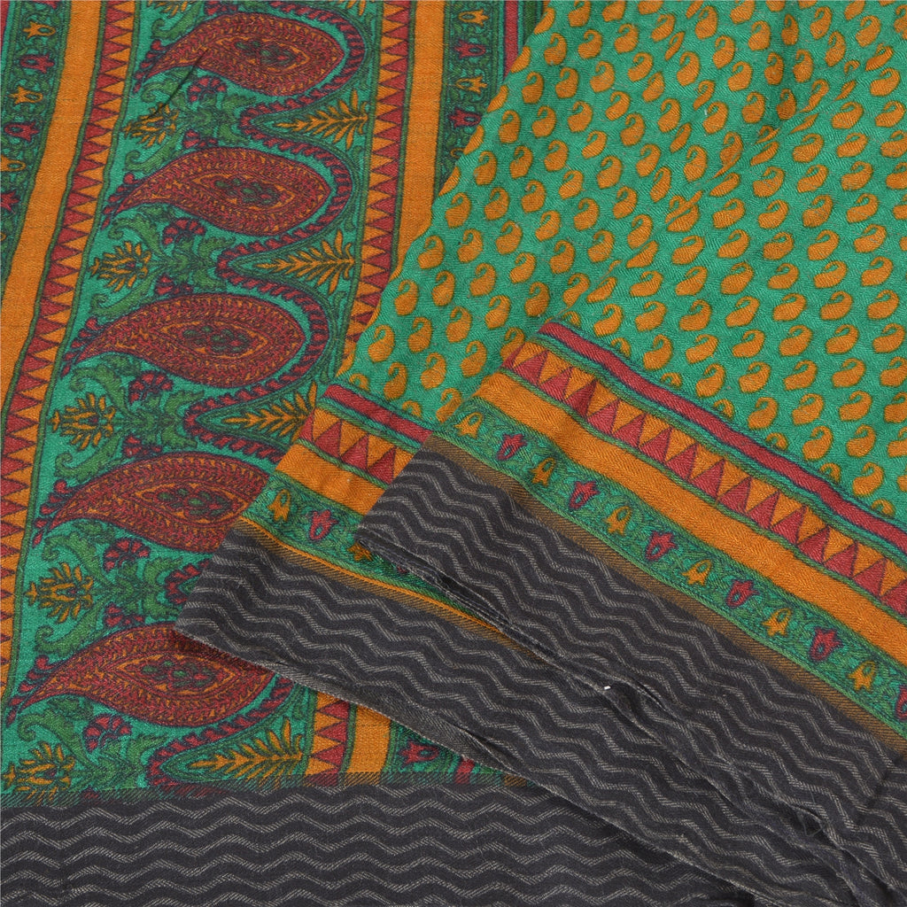 Sanskriti Vintage Green Indian Sarees 100% Pure Woolen Sustainable Fabric Printed Woven Sari