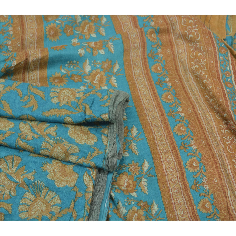 Sanskriti Vintage Sari 100% Pure Woolen Sarees Blue/Brown Printed & Woven 5yd Craft Fabric mikasa scarf upholstery fabric