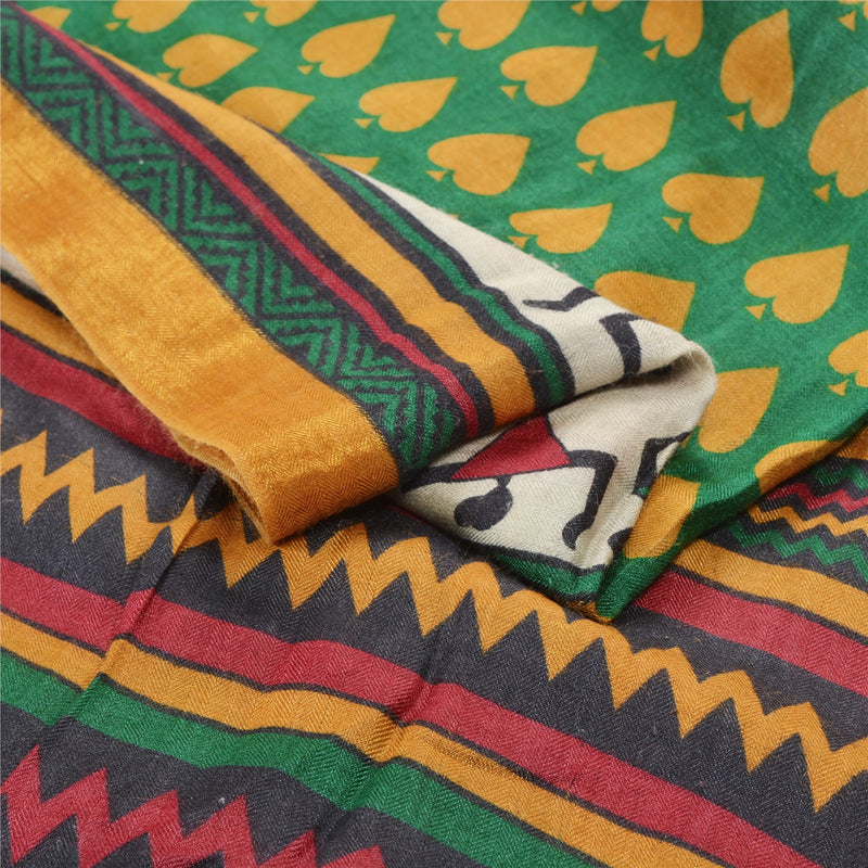 Sanskriti Vintage Sari 100% Pure Woolen Sarees Green Warli Printed 6Yd Craft Fabric upholstery fabric