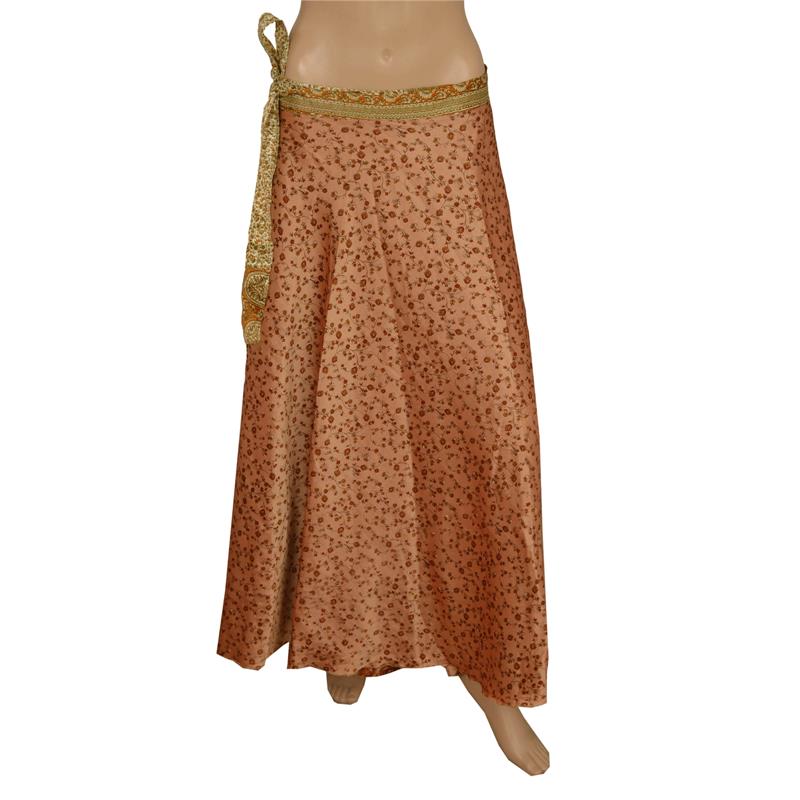 Sanskriti New Art Silk Fabric Women Wraparound Long Skirt Floral Printed Brown