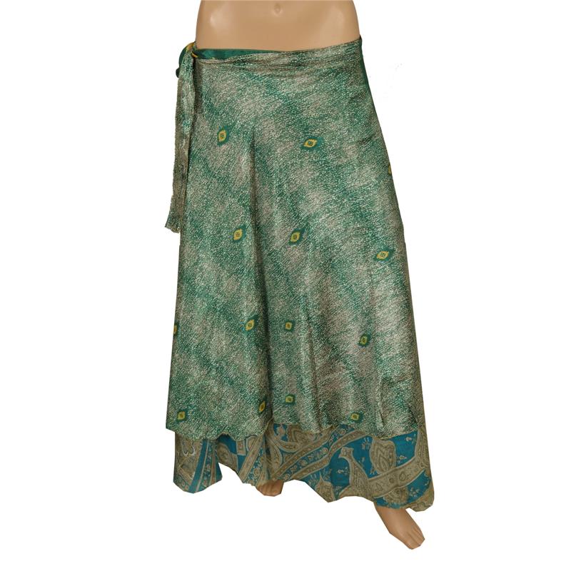 Sanskriti New Art Silk Fabric Women Wraparound Long Skirt Floral Printed Green