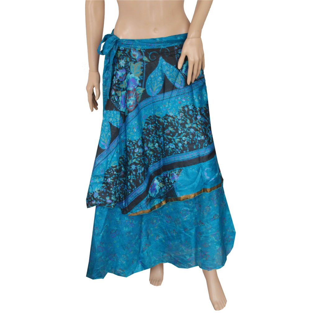 Sanskriti New Pure Silk Fabric Women Wraparound Long Skirt Floral Printed Blue