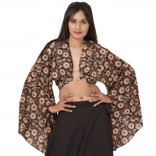 SalsaNightt 100% Pure Cotton Mandala Hand Block Print with Angel wing Sleeves Crop Top Free Size