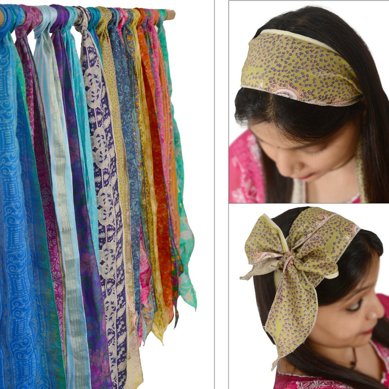 Sanskriti Vintage Recycled Pure Silk Sashes – Head Wrap, Neck Tie, Scarf, Belt – Sustainable Fabric 70" – Set of 10 Pieces