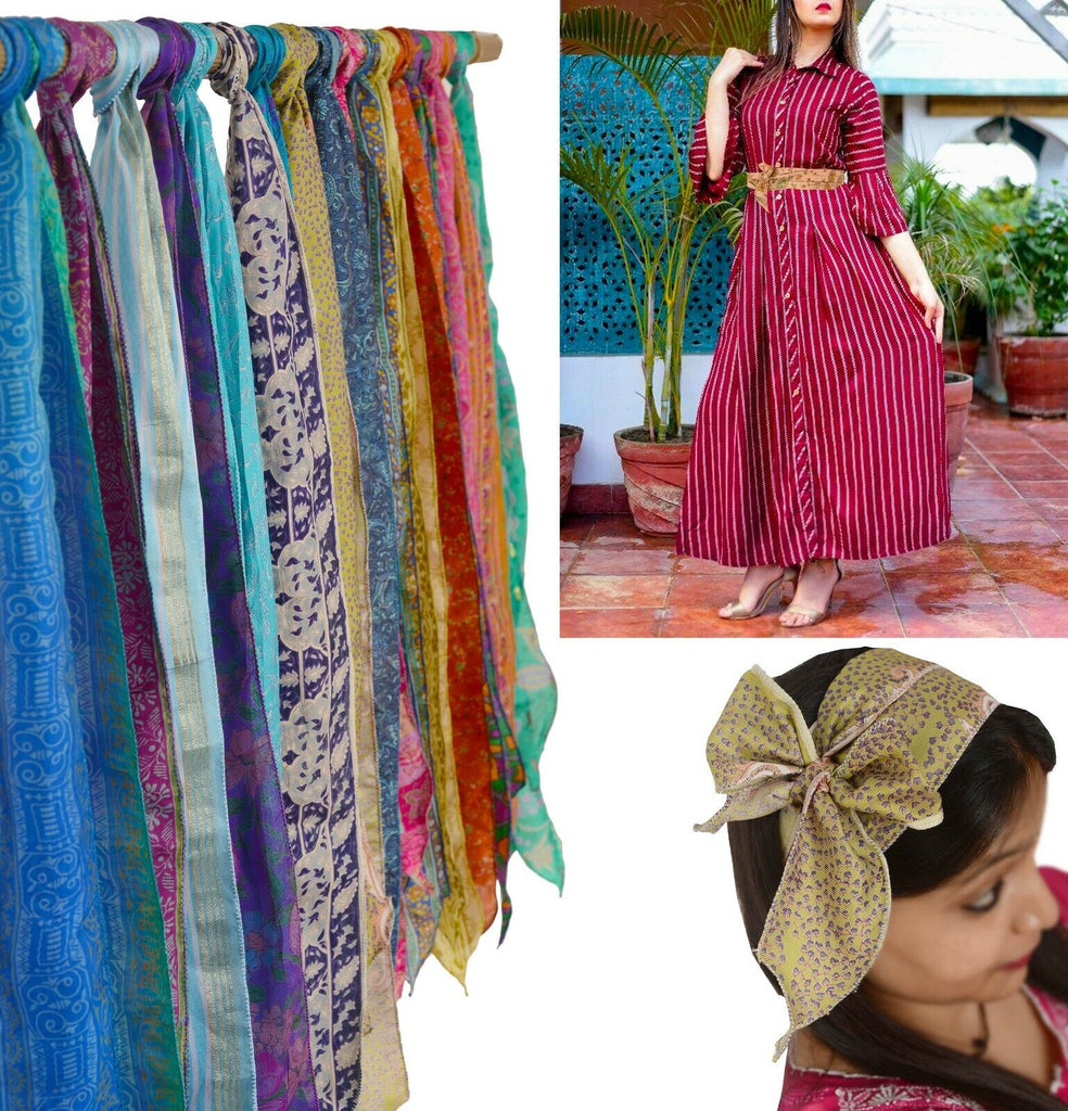 Sanskriti Vintage Recycle Saree Sashes Head Wrap Neck Tie Scarf Pure Silk Belt Sustainable Fabric, 70 Inch Long Craft Essentials