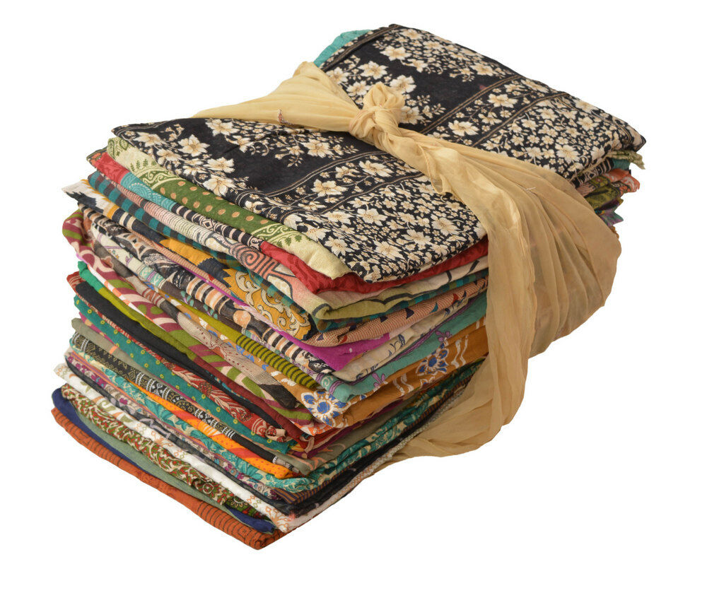 Recycled Used Pure Cotton Sari Fabric Fiber Art Craft Saree in Bulk 40 sarees, Craft Essentials